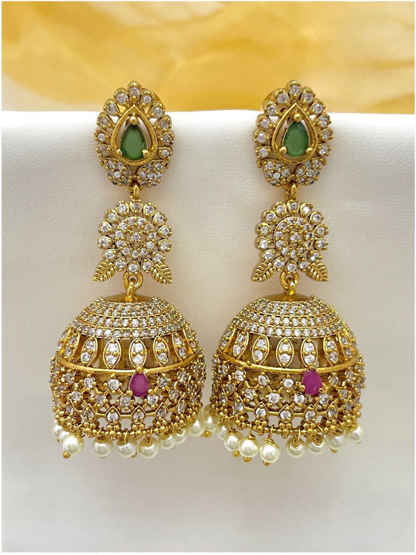 Antique Style Gold Plated Jhumkas with Crystals Earring