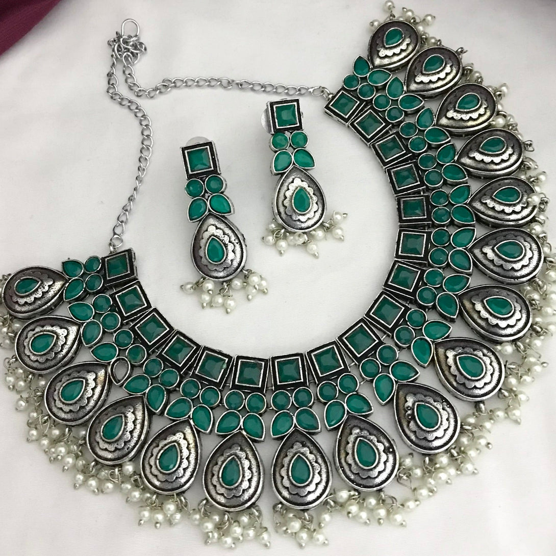 Trendy Green Tilak Shape German Silver Oxidised Necklace Set - Kanyaa