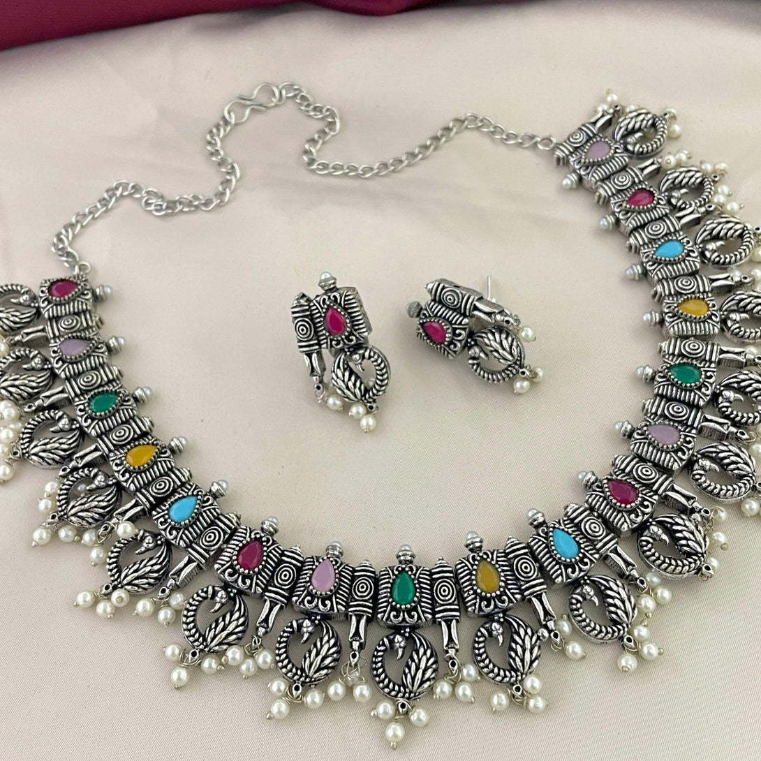 Preety Peacock Multi Color Stone Oxidised Necklace Set - Kanyaa