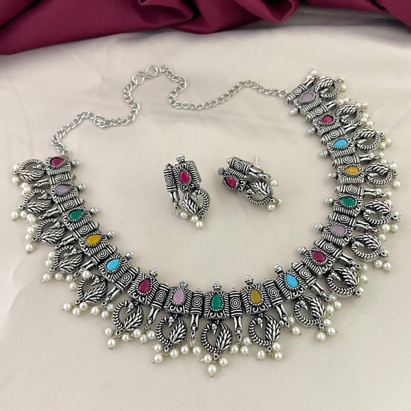 Preety Peacock Multi Color Stone Oxidised Necklace Set - Kanyaa