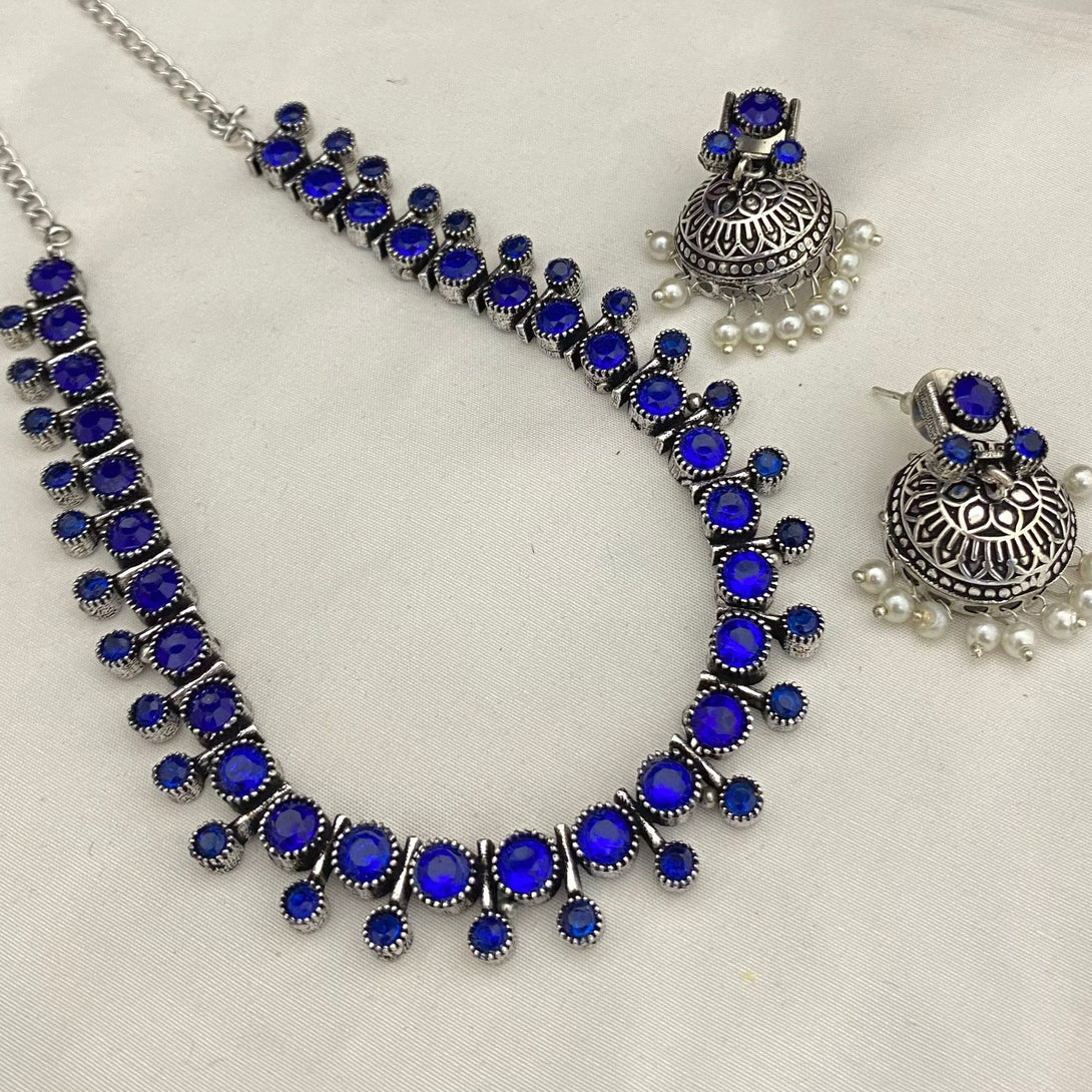 Exquisite Blue Stone Oxidised Necklace Set - Kanyaa