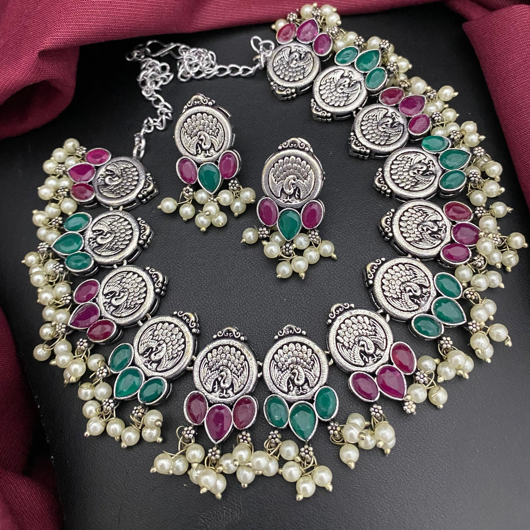 Silver Peacock Design Multi Color Stone Oxidised Necklace Set - Kanyaa