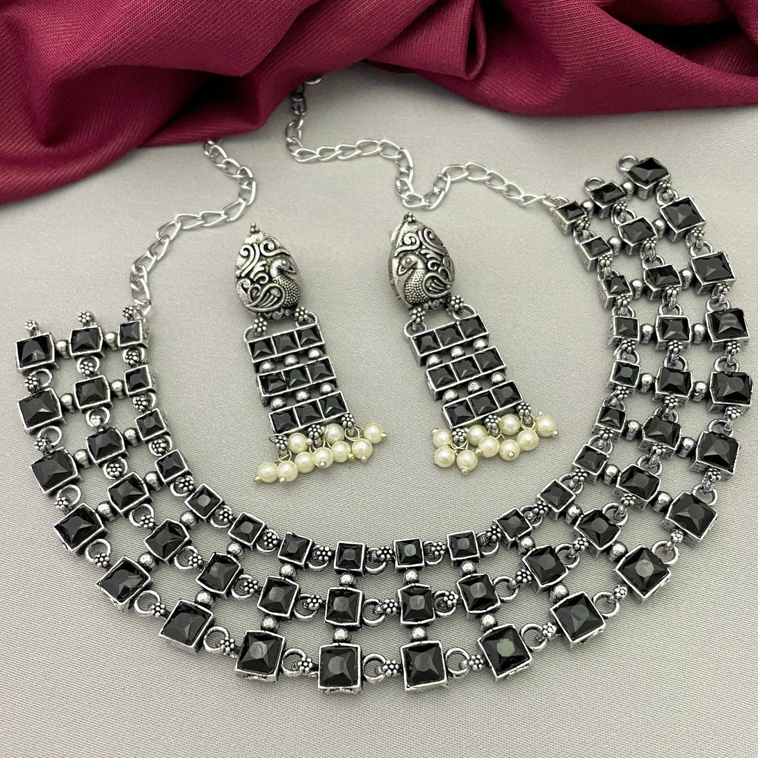 German Silver Black Three Layer Oxidised Necklace Set - Kanyaa