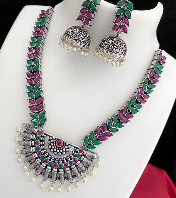 Fabulous Half Moon Multi Color Stone Oxidised Haram Set - Kanyaa