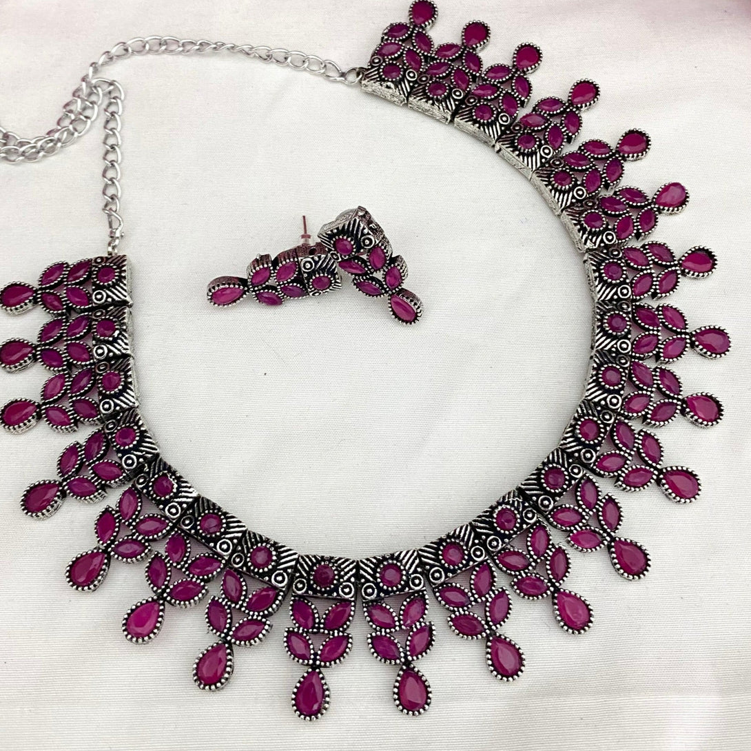 Classic Dark Pink Stone Oxidised Necklace Set - Kanyaa