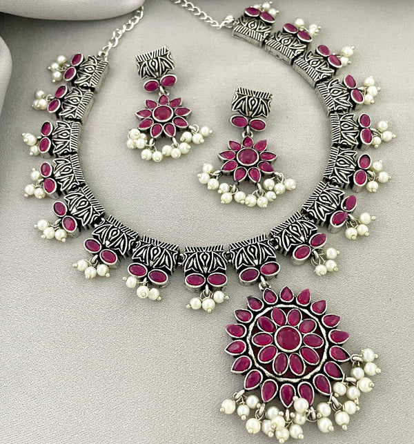 Marvelous Pink Color German Silver Oxidised Necklace - Kanyaa