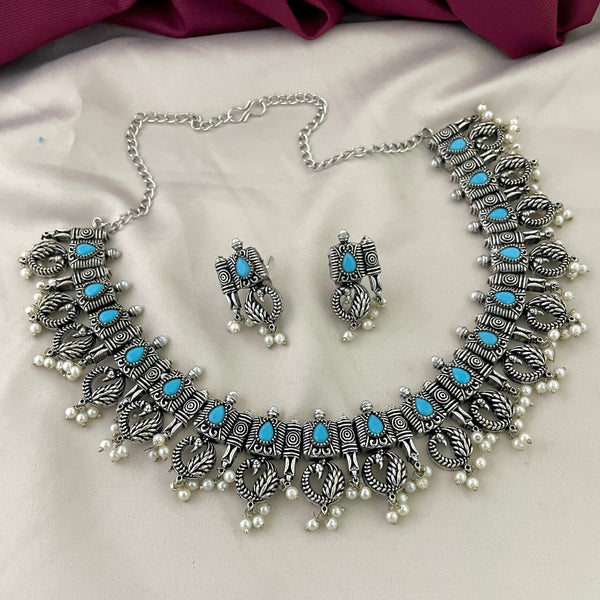 Preety Peacock Sky Blue Stone Oxidised Necklace Set - Kanyaa