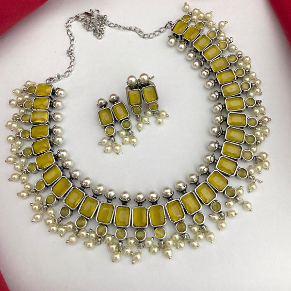 Yellow Pearl Design Oxidised Necklace Set - Kanyaa