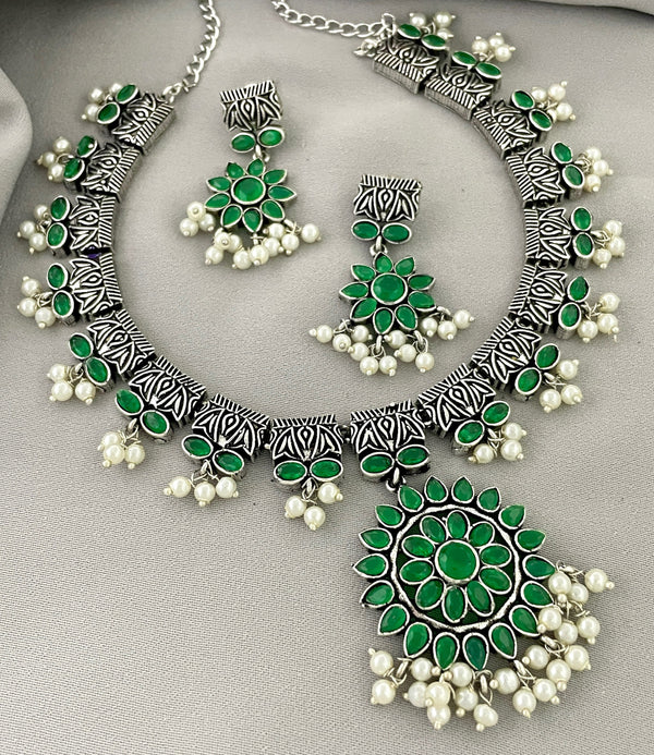 Marvelous Green Color German Silver Oxidised Necklace - Kanyaa