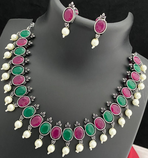 Multi Color Stone Oxidised Necklace Set - Kanyaa