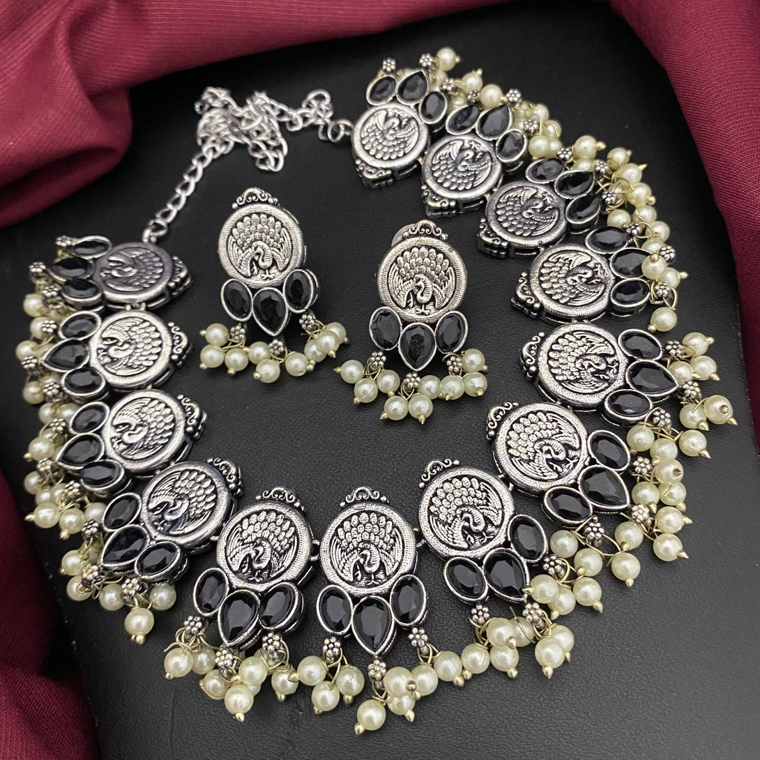 Silver Peacock Design Black Stone Oxidised Necklace Set - Kanyaa