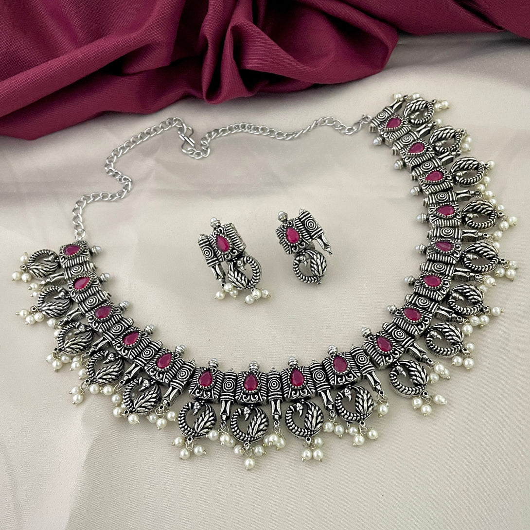 Preety Peacock Pink Stone Oxidised Necklace Set - Kanyaa