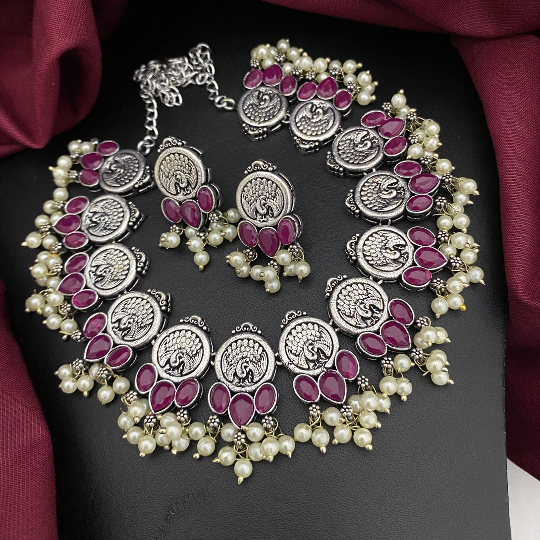 Silver Peacock Design Ruby Stone Oxidised Necklace Set - Kanyaa