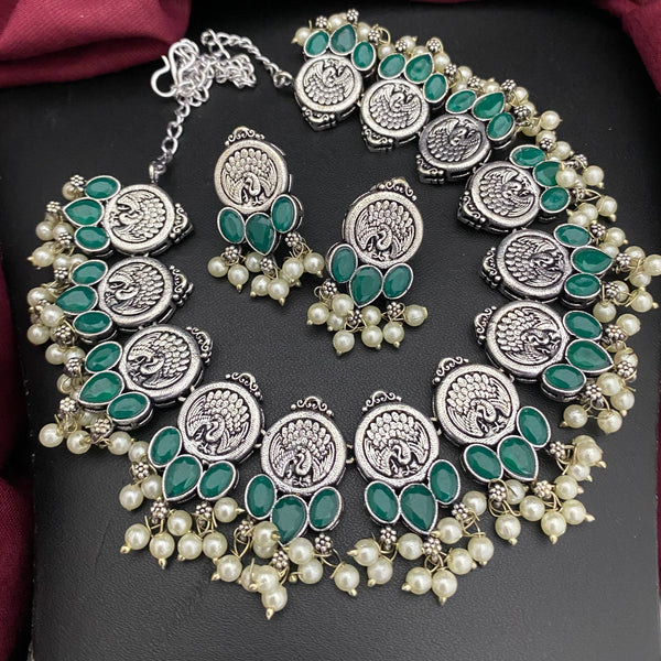 Silver Peacock Design Green Stone Oxidised Necklace Set - Kanyaa