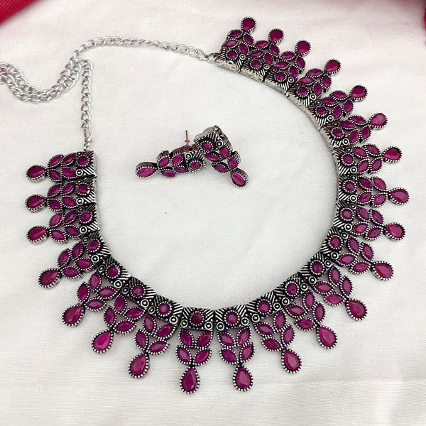 Classic Dark Pink Stone Oxidised Necklace Set - Kanyaa