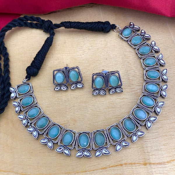 Unique Sky Blue Stone Oxidised Necklace Set - Kanyaa