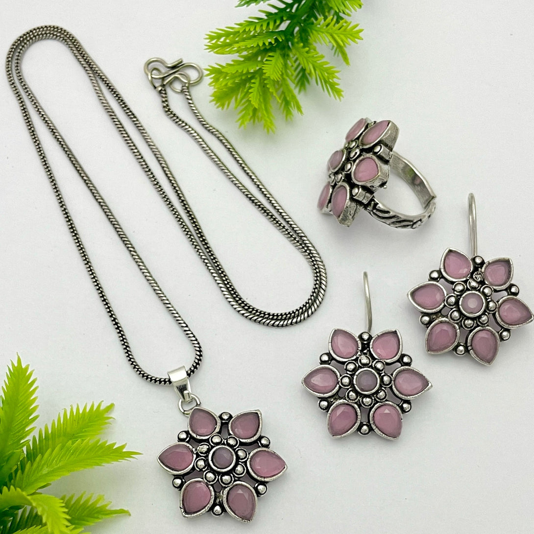 Exclusive Pearl Pink Flower Pendent Set - Kanyaa