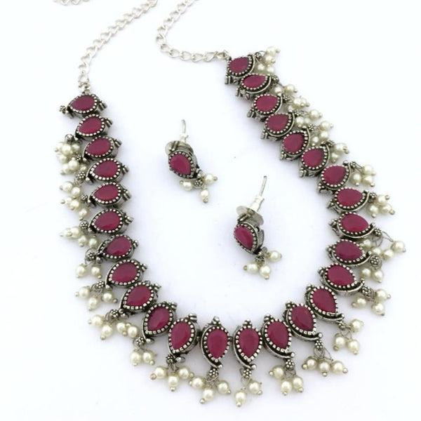 Gorgeous Pink Oxidised Necklace Set - Kanyaa
