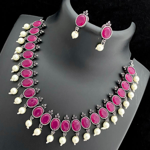 Pink Colour Oxidised Necklace Set - Kanyaa