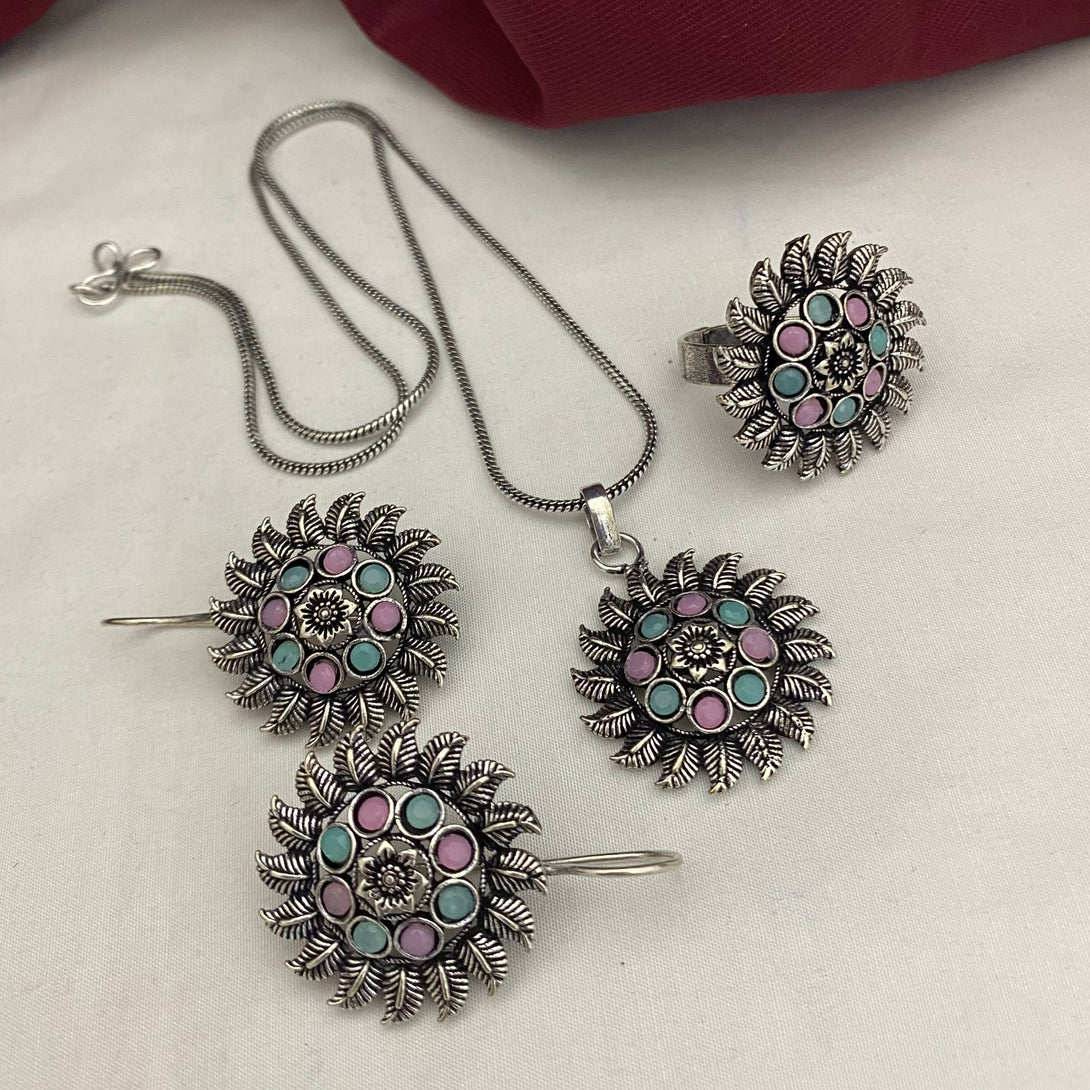 Stunning Multi Color Stone Pendent Set With Ring Oxidised Combo Set - Kanyaa