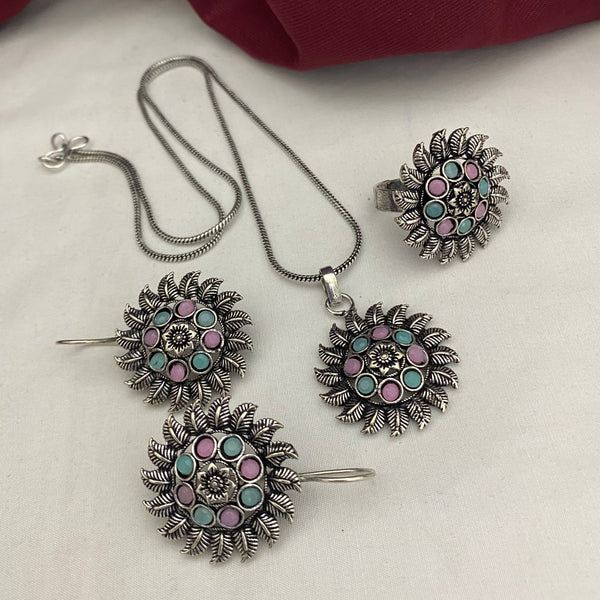 Stunning Multi Color Stone Pendent Set With Ring Oxidised Combo Set - Kanyaa