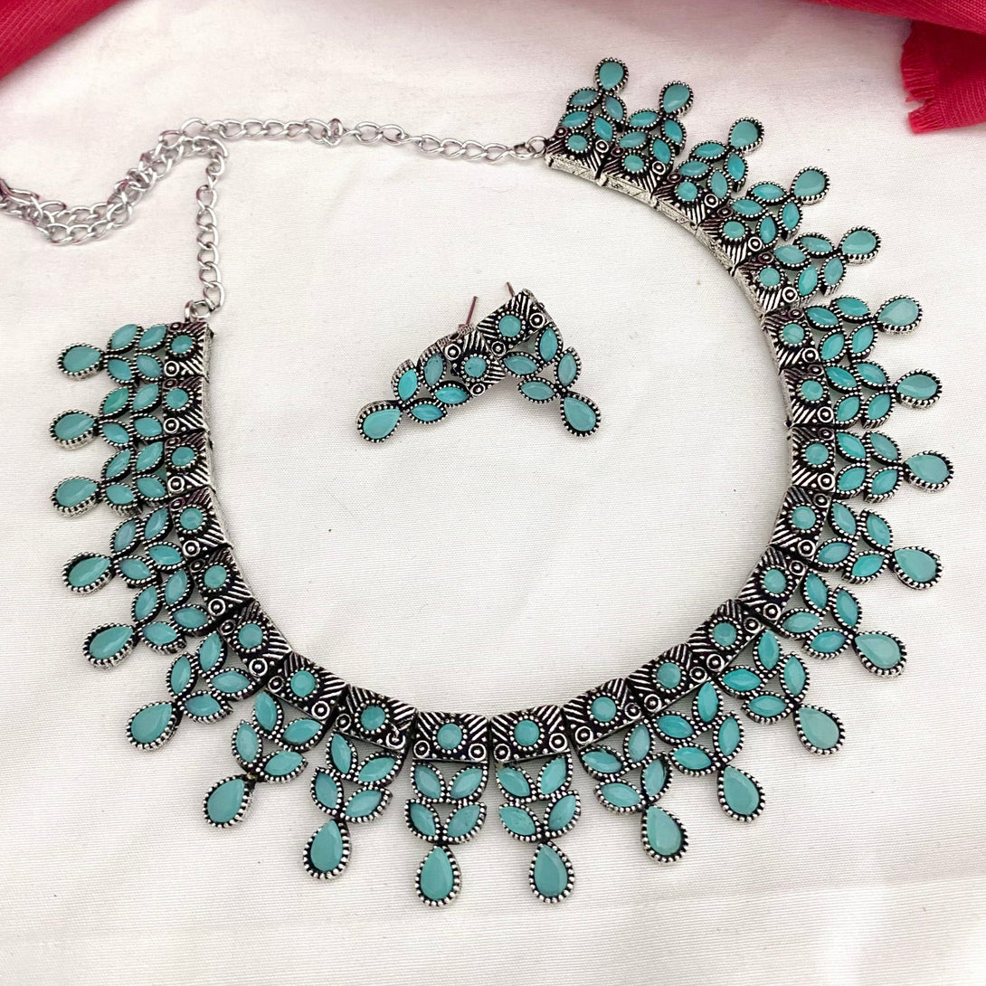 Classic Baby Blue Stone Oxidised Necklace Set - Kanyaa