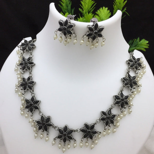 Classic Black Stones Studded Oxidised Necklace Set - Kanyaa