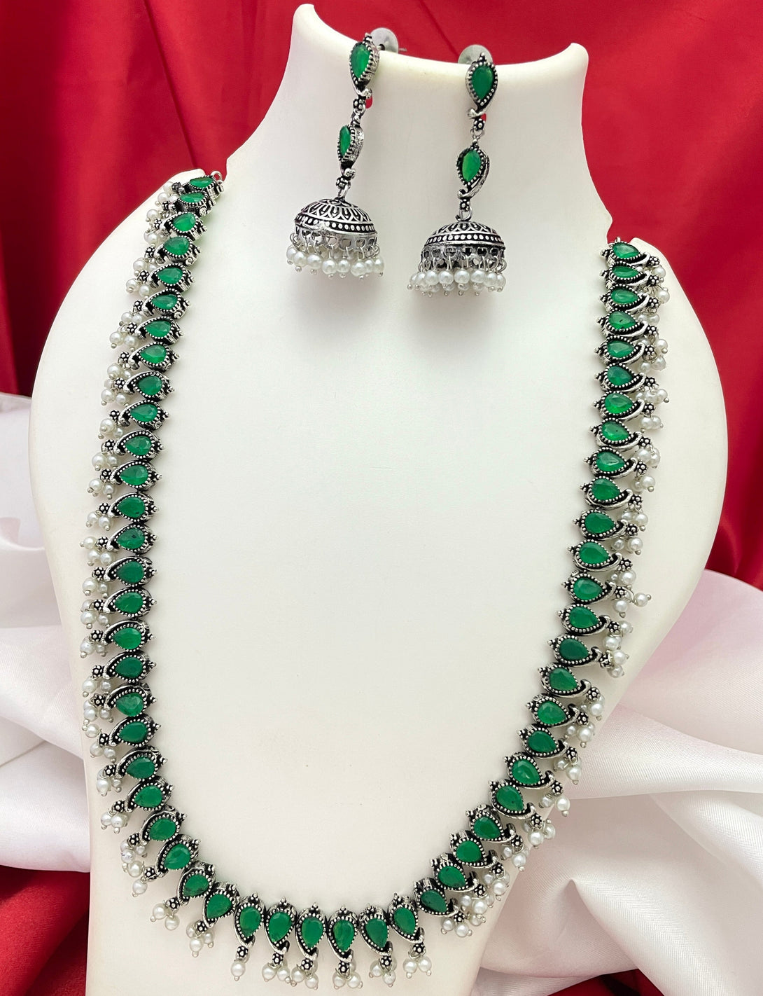 Super Carry Shape Green Stone Oxidise Haram Set - Kanyaa