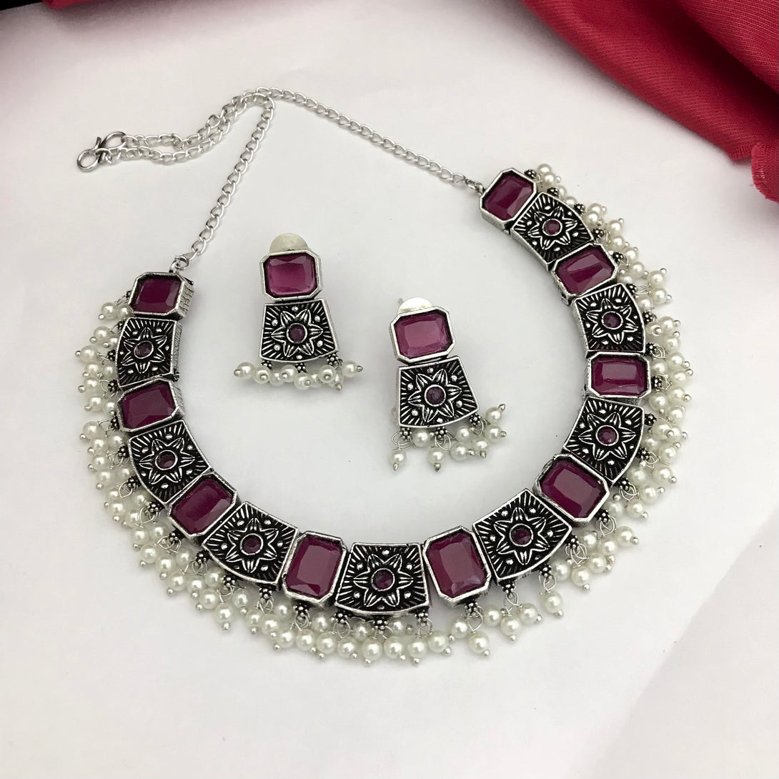 Fantastic Ruby Stone Flower Design Oxidised Necklace Set - Kanyaa