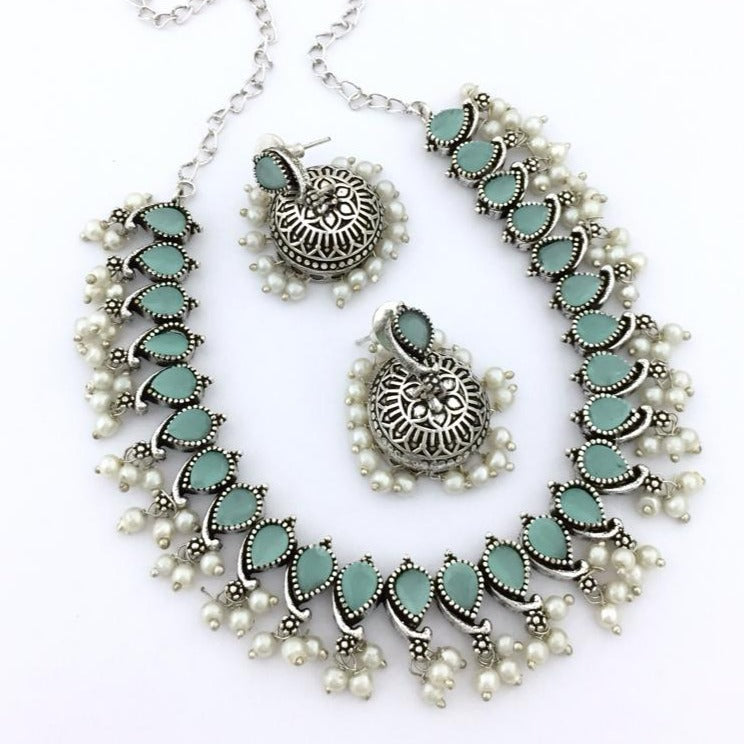 Gorgeous Sky Blue Oxidised Necklace Set - Kanyaa