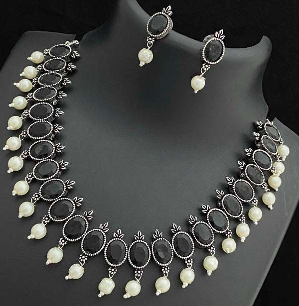 Oval Black Shape Oxidised Necklace Set - Kanyaa