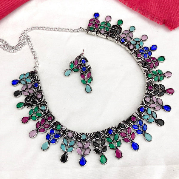 Classic Multi Color Stone Oxidised Necklace Set - Kanyaa