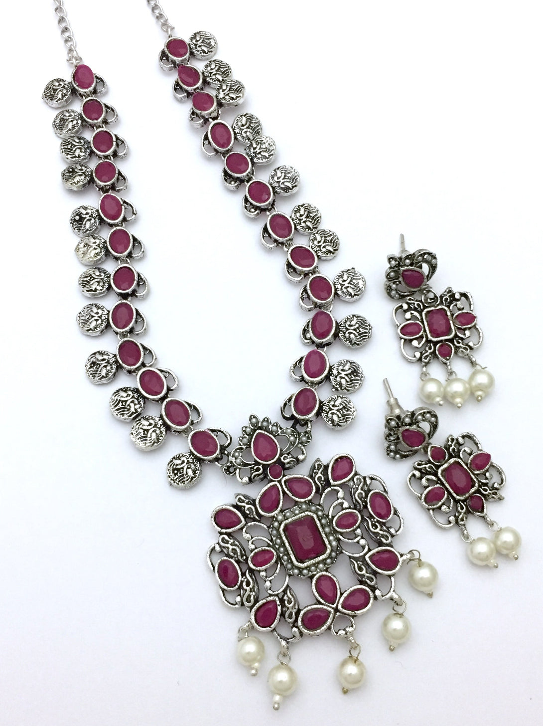 Pink Colour Peacock Oxidise Haram Set - Kanyaa