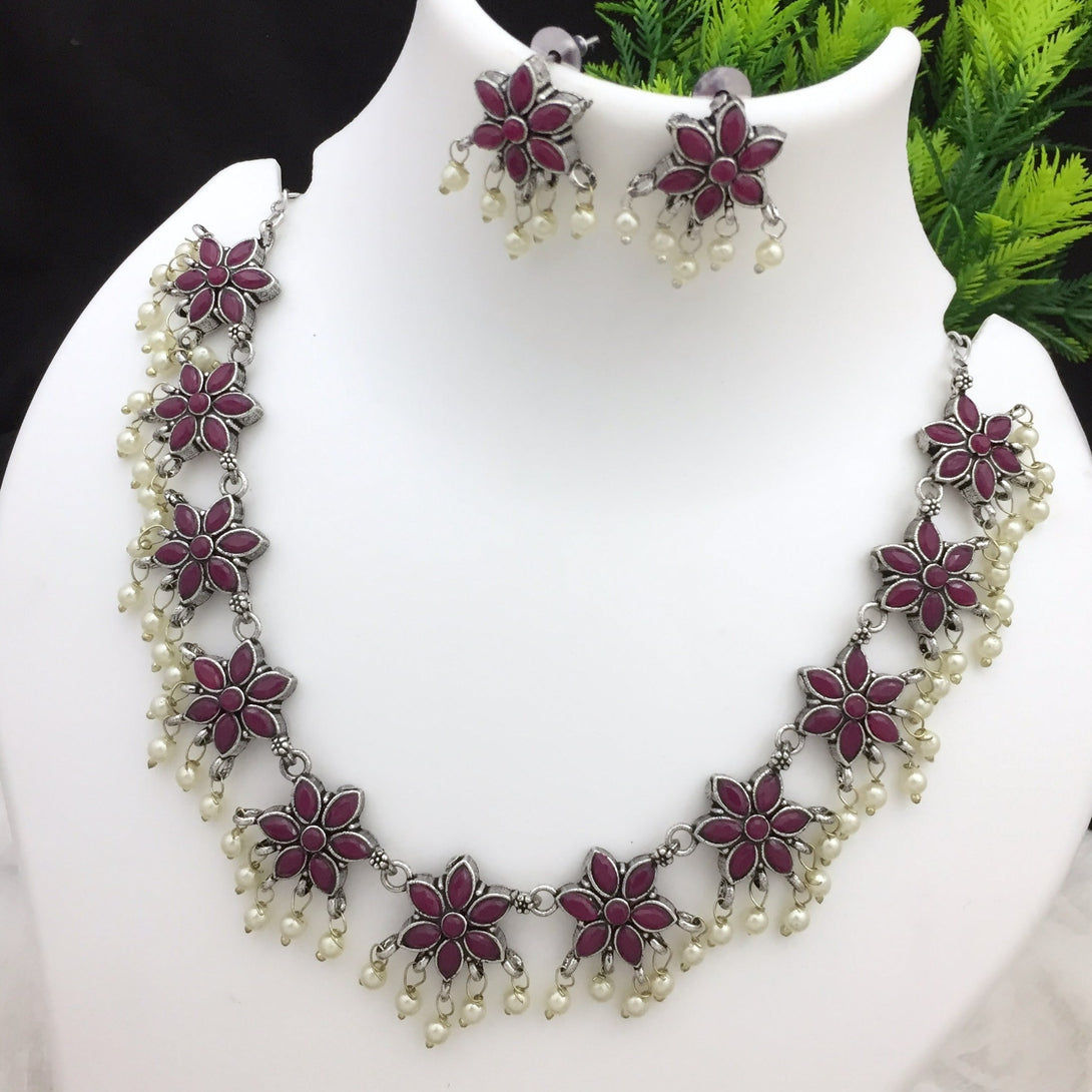 Classic Pink Stones Studded Oxidised Necklace Set - Kanyaa