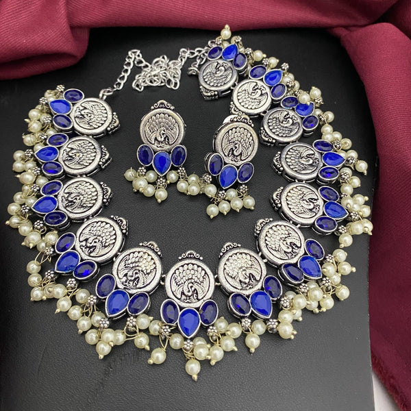 Silver Peacock Design Blue Stone Oxidised Necklace Set - Kanyaa