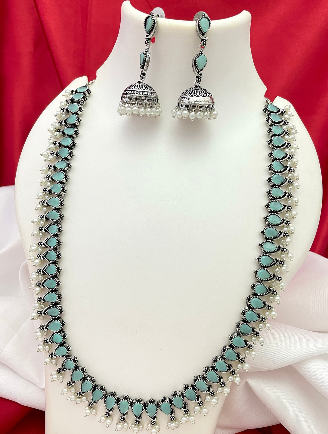 Superb Carry Shape Sea Blue Stone Oxidised Haram Set - Kanyaa