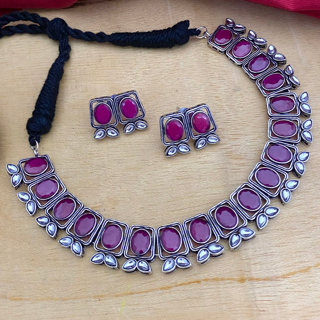 Unique Ruby Stone Oxidised Necklace Set - Kanyaa