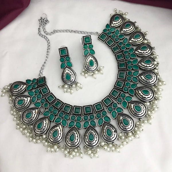 Trendy Green Tilak Shape German Silver Oxidised Necklace Set - Kanyaa