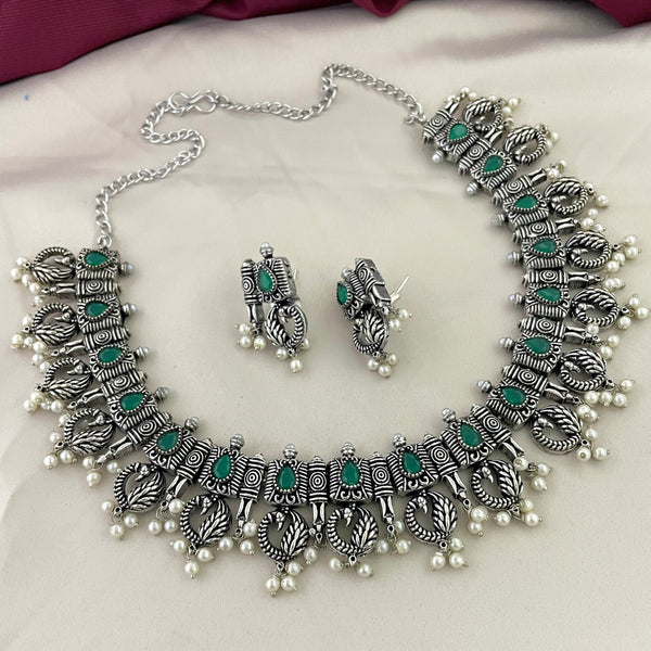 Preety Peacock Green Stone Oxidised Necklace Set - Kanyaa