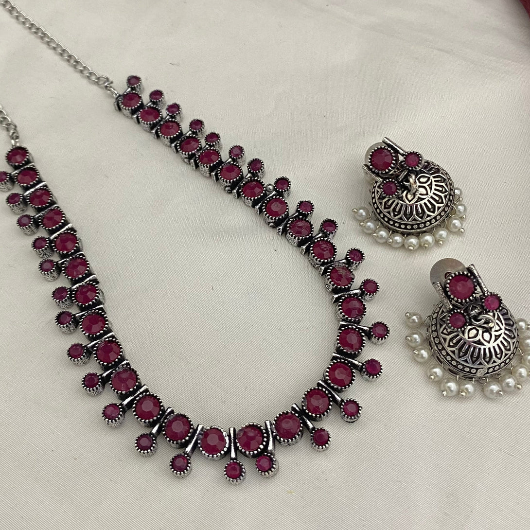 Pretty Pink Stone Oxidised Haram Set - Kanyaa