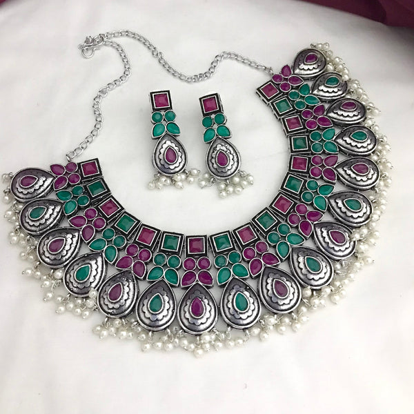 Trendy Multi Color Tilak Shape German Silver Oxidised Necklace Set - Kanyaa