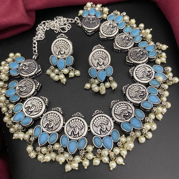 Silver Peacock Design Sky Blue Stone Oxidised Necklace Set - Kanyaa