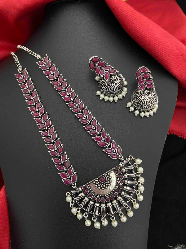 Fabulous Half Moon Leaf Oxidised Necklace Set - Kanyaa