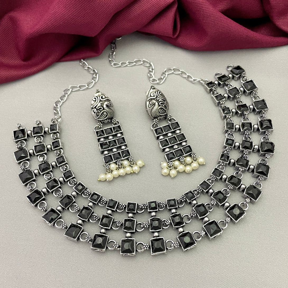 German Silver Black Three Layer Oxidised Necklace Set - Kanyaa
