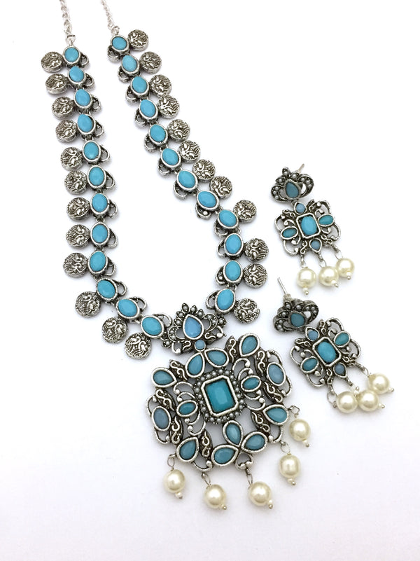 Blue colour Peacock Design Oxidised Necklace Set - Kanyaa