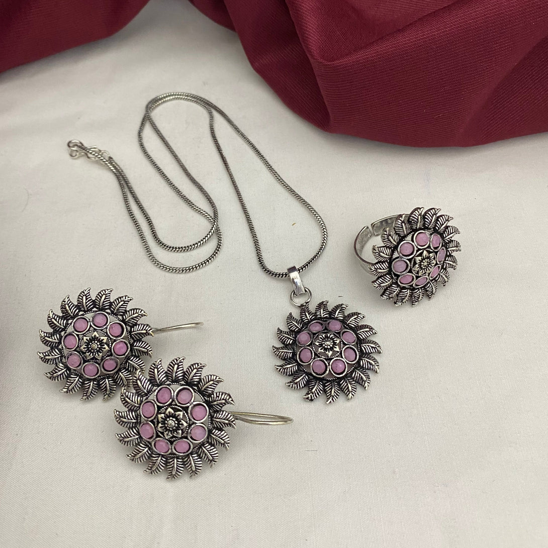 Stunning Pink Stone Pendent Set With Ring Oxidised Combo Set - Kanyaa