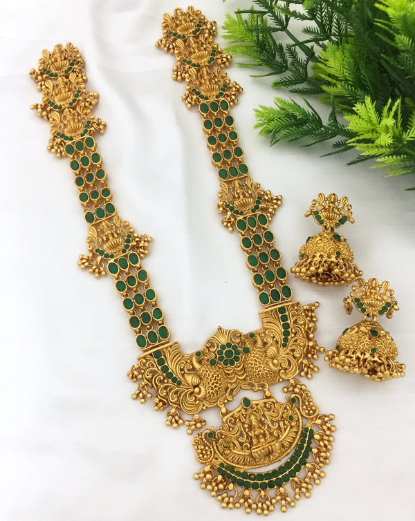 Traditional South Indian jewellery Green Stone Haram Set - Kanyaa