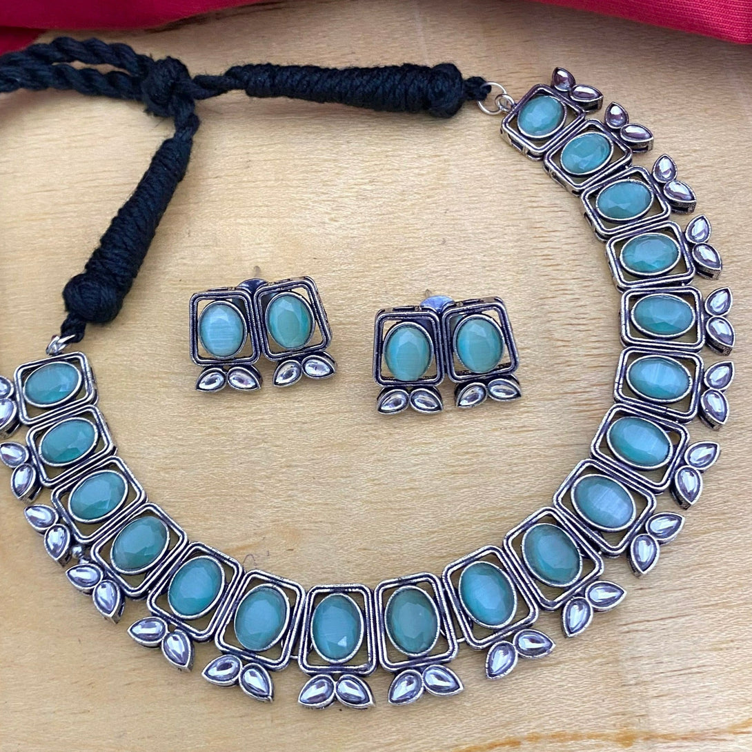 Unique Sky Blue Stone Oxidised Necklace Set - Kanyaa