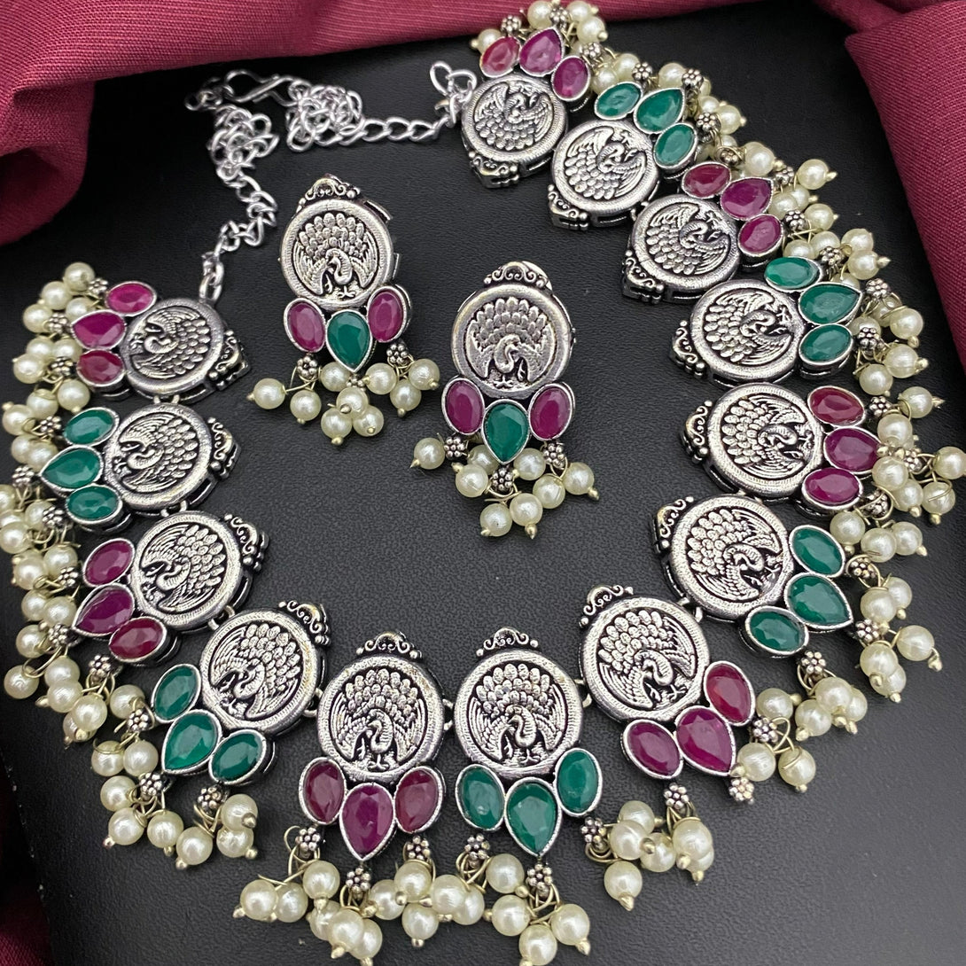 Silver Peacock Design Multi Color Stone Oxidised Necklace Set - Kanyaa