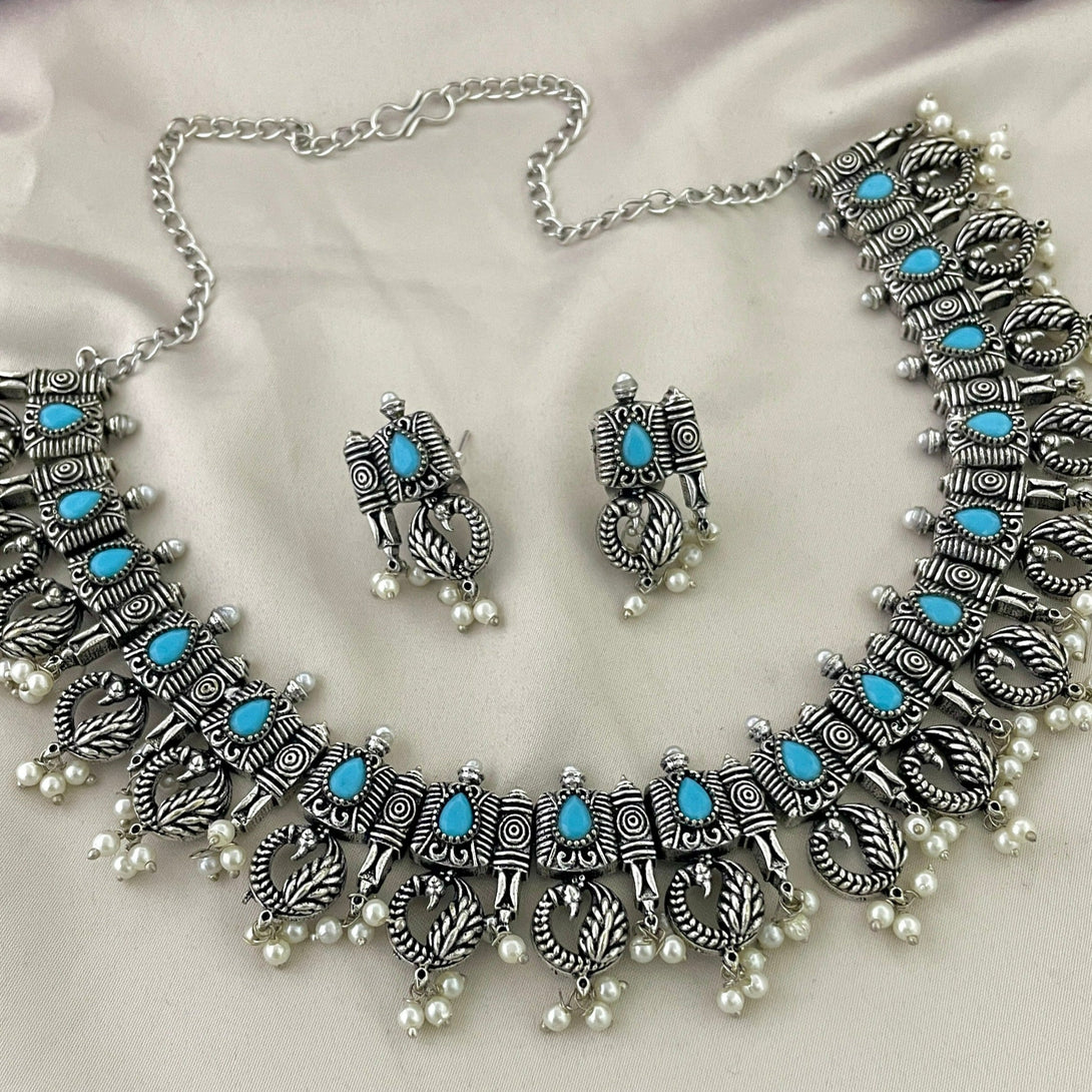 Preety Peacock Sky Blue Stone Oxidised Necklace Set - Kanyaa